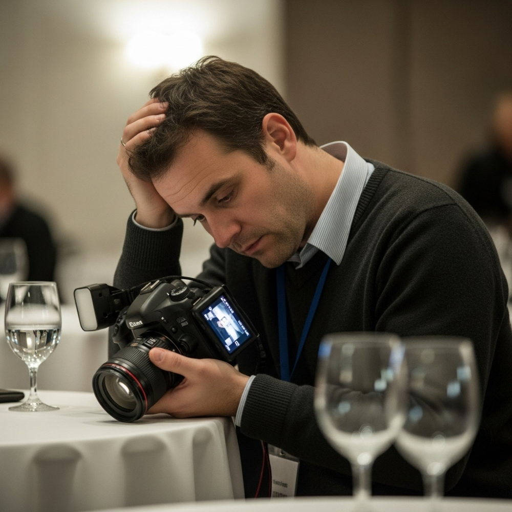 Уставший ивент-фотограф просматривает отснятый материал на камере после мероприятия