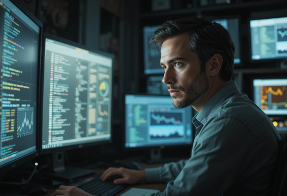 Инженер DevOps в серверной комнате смотрит на мониторы с кодом и графиками